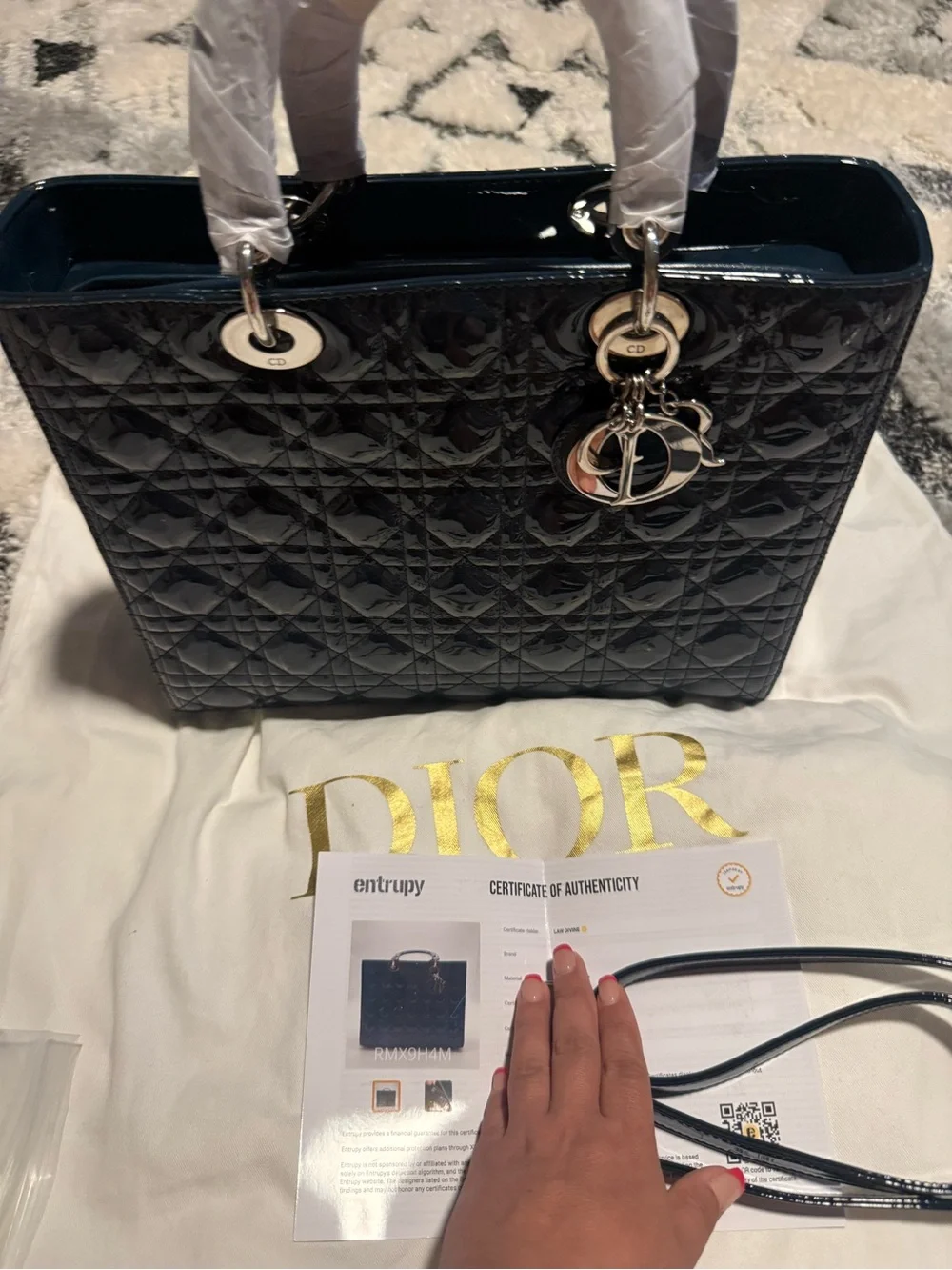 Dior Navy Patent Quilted Tote with CD Charm